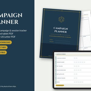Op de afbeelding: Een digitale campagneplanner voor rollenspellen met een donkerblauwe omslag, gouden geometrische accenten en de tekst CAMPAIGN PLANNER. Inclusief een tabletweergave met een campagne-index met klikbare tabbladen en interne pagina's.