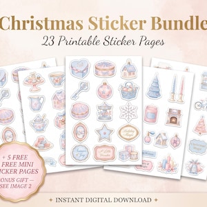 Puede incluir: Un paquete de pegatinas navideñas con 23 páginas imprimibles que muestran ilustraciones en tonos pastel de adornos, regalos y motivos estacionales. El texto incluye Christmas Sticker Bundle, 23 Printable Sticker Pages e Instant Digital Download.