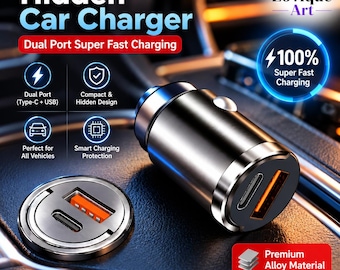 Pode incluir: Um carregador de carro cilíndrico de metal com interface de porta dupla, apresentando uma porta USB-C e uma porta USB-A com detalhes em laranja. O dispositivo inclui um pequeno botão prateado na lateral e um design compacto e oculto.