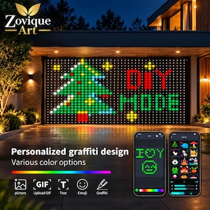 May include: A large LED grid display mounted on a garage door, showing a green pixelated Christmas tree and the red and green text DIY MODE. Two smartphones are shown in the foreground displaying app interfaces for customizing the light patterns.
