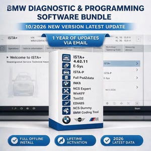 May include: A BMW diagnostic and programming software bundle box featuring a list of included tools like ISTA+, E-Sys, ISTA-P, PsdData, INPA, NCS Expert, WinKFP, Tool32, EDIABAS, NCS Dummy, and BMW Coding Tool with 10/2026 update text.