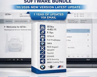 May include: A BMW diagnostic and programming software bundle box featuring a list of included tools like ISTA+, E-Sys, ISTA-P, PsdData, INPA, NCS Expert, WinKFP, Tool32, EDIABAS, NCS Dummy, and BMW Coding Tool with 10/2026 update text.