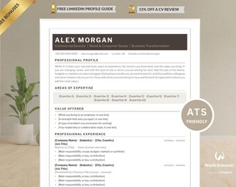 May include: A professional resume template featuring a dark brown header with the name Alex Morgan, sections for professional profile, areas of expertise, value offered, and professional experience, with an ATS friendly badge.