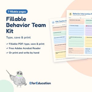 May include: A Fillable Behavior Team Kit with 7 fillable pages. The document features a Behavior Intervention Plan with colorful sections for target behavior, prevention strategies, and data plans. Includes a pigeon illustration and text.