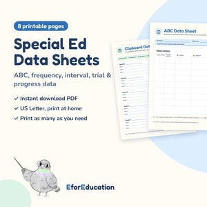 May include: A set of 8 printable Special Ed Data Sheets including ABC, frequency, interval, trial, and progress data forms. The documents feature headers like ABC Data Sheet and Clipboard Data, with a small illustration of a pigeon wearing glasses.