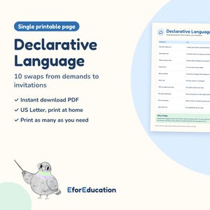 May include: A single printable page titled Declarative Language: 10 swaps from demands to invitations. The document features a table comparing demands to invitations, a section explaining why it helps, and a cartoon pigeon wearing glasses.
