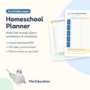 May include: A set of 10 printable homeschool planner pages featuring a weekly schedule titled Our School Week, a checklist titled My School Day, and a cartoon pigeon illustration with the text EforEducation in the bottom corner.