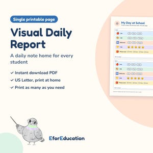 May include: A printable daily report form titled My Day at School featuring two identical sections with rows for tracking meals, activities, bathroom use, mood, and supplies, accompanied by a cartoon pigeon illustration and EforEducation text.