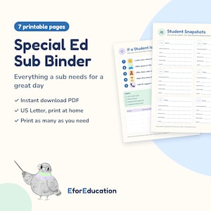 May include: A set of seven printable pages for a Special Ed Sub Binder. The documents feature headers like Student Snapshots and If a Student Is, with blank fields for student information, communication, and classroom routines.