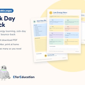 Könnte beinhalten: Ein druckbares Sick Day Pack Set mit sieben Seiten, einschließlich eines Low-Energy Menüs und einer Sick-Day Bin Checkliste. Die Dokumente enthalten organisierte Listen, Kontrollkästchen und Aktivitätsvorschläge, illustriert mit einer Taube.