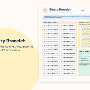 K&ouml;nnte beinhalten: Ein p&auml;dagogisches Arbeitsblatt mit dem Titel Binary Bracelet aus dem Coding Unplugged Kit von EforEducation. Es enth&auml;lt eine Anleitung zum Buchstabieren von Namen in Bin&auml;rcode mit Perlen, inklusive ASCII-Tabelle und Vorlage.