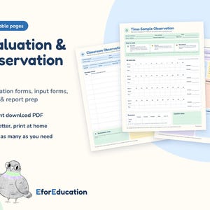 Puede incluir: Un conjunto de siete formularios de evaluación y observación imprimibles para el aula. Los documentos incluyen encabezados como Time-Sample Observation y Classroom Observation con secciones para datos del estudiante y notas.