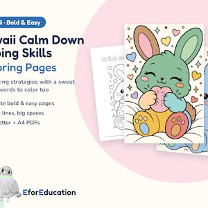 Könnte beinhalten: Eine digitale Produktanzeige mit Kawaii Calm Down Coping Skills Malvorlagen mit 20 Seiten, dicken Linien und großen Flächen. Das Bild zeigt eine farbige Illustration eines grünen Hasen, der ein rosa Herz hält, umgeben von Herzen.