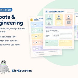 May include: A set of seven printable educational pages titled Robots & Engineering, featuring worksheets on the design process, robot functions, and a hand build activity. The pages include text, diagrams, and checklists in pastel colors.