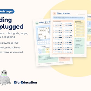 May include: Seven printable pages titled Coding Unplugged featuring algorithms, robot grids, loops, binary, and debugging. The pages include a Binary Bracelet guide, a Robot Grid Game, and a code worksheet with colorful charts and instructions.