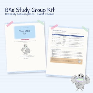 May include: A BAE Study Group Kit featuring 8 weekly session plans and an Excel tracker. The document includes a cover page with a pigeon illustration and a second page detailing an 85-minute session structure with a table and instructions.