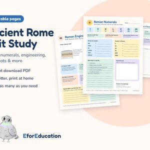May include: A seven-page printable Ancient Rome unit study featuring educational worksheets on Roman numerals, engineering, and Latin roots. The pages include colorful boxes, text prompts, and diagrams. A small illustration of a pigeon wearing glasses is at the bottom.