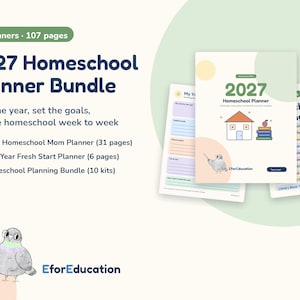 Könnte beinhalten: Ein 2027 Homeschool-Planer-Paket mit 107 Seiten in 3 Planern. Das Cover zeigt eine Hausillustration, einen Bücherstapel und eine Vogelfigur. Der Text umfasst 2027 Homeschool Planner, Plan the year, set the goals, run the homeschool week to week und EforEducation.