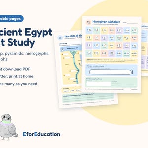 May include: A set of seven printable educational pages titled Ancient Egypt Unit Study, featuring a map of the Nile, a hieroglyph alphabet chart, and fact cards with pastel-coloured backgrounds and dark blue text for home printing.