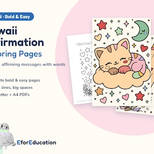Könnte beinhalten: Kawaii Affirmation Malvorlagen mit 20 freundlichen, bejahenden Botschaften und Wörtern zum Ausmalen. Die Seiten haben dicke Linien und große Flächen, verfügbar als US Letter und A4 PDF. Eine Katze auf einer Wolke und ein Stift sind abgebildet.