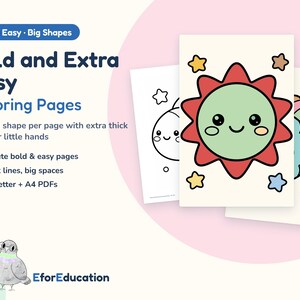 Könnte beinhalten: Ein Set von Malvorlagen mit kräftigen, dick umrandeten Illustrationen von Sonne, Sternen und Fischen. Der Text lautet: Extra Easy Big Shapes, Bold and Extra Easy Coloring Pages, One big shape per page with extra thick lines for little hands, 20 cute bold & easy pages, Thick lines, big spaces, US Letter + A4 PDFs, EforEducation.