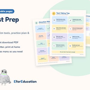May include: A 7-page printable test prep kit featuring educational worksheets with pastel-colored boxes containing test-taking tips, direction words, and strategies. The text includes Test Prep Kit, Direction Words, and Test-Taking Tips.