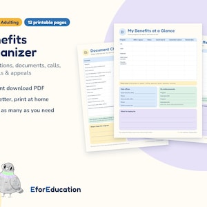 Könnte beinhalten: Ein druckbares Benefits Organizer-Dokumentenset mit 12 Seiten zur Nachverfolgung von Anträgen, Dokumenten, Anrufen, Verlängerungen und Einsprüchen. Die Seiten enthalten Abschnitte wie My Benefits at a Glance, Document Checklist und Effects My Day.