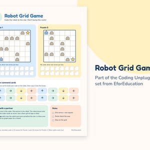K&ouml;nnte beinhalten: Ein Robot Grid Game Arbeitsblatt mit zwei R&auml;tseln, die Roboter, Felsen und Sterne zeigen. Enth&auml;lt Pfeil-Befehlskarten, Regeln und Anleitungen zum Programmieren. Der Text lautet Robot Grid Game, Code the robot to the star, Don't bump the rocks, Puzzle 1, Puzzle 2, Arrow command cards, Play with a partner und Rules.