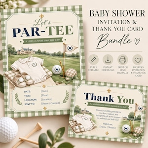 May include: A baby shower invitation and thank you card bundle featuring a golf theme with green gingham borders. The design includes a cream-colored baby onesie, golf balls, a flag, and text reading Let's PAR-TEE and Thank You.