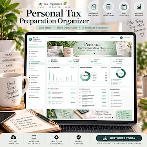 May include: A laptop screen displaying a Personal Tax Preparation Organizer dashboard with financial charts, income tracking, and deduction breakdowns. A white mug with text, a spiral notebook, and a pen are placed on the desk nearby.