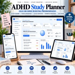 Op de afbeelding: Een digitale ADHD-studieplanner weergegeven op een computermonitor, tablet en smartphone. De interface bevat een dashboard met taakbeheer, focussessies en studie-trackingtools. Tekst bevat: ADHD Study Planner.