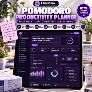 May include: A digital tablet displaying the FocusFlow Pomodoro Productivity Planner interface with a dark purple theme. The screen shows task lists, focus timers, and analytics. A pink sticky note lists productivity goals, and a mug displays text.