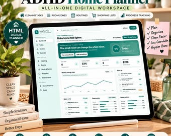 ADHD Home Management Planner HTML | Digital Household Organizer, Cleaning & Meal Planner, Shopping Lists, Routines, Home Budget Tracker
