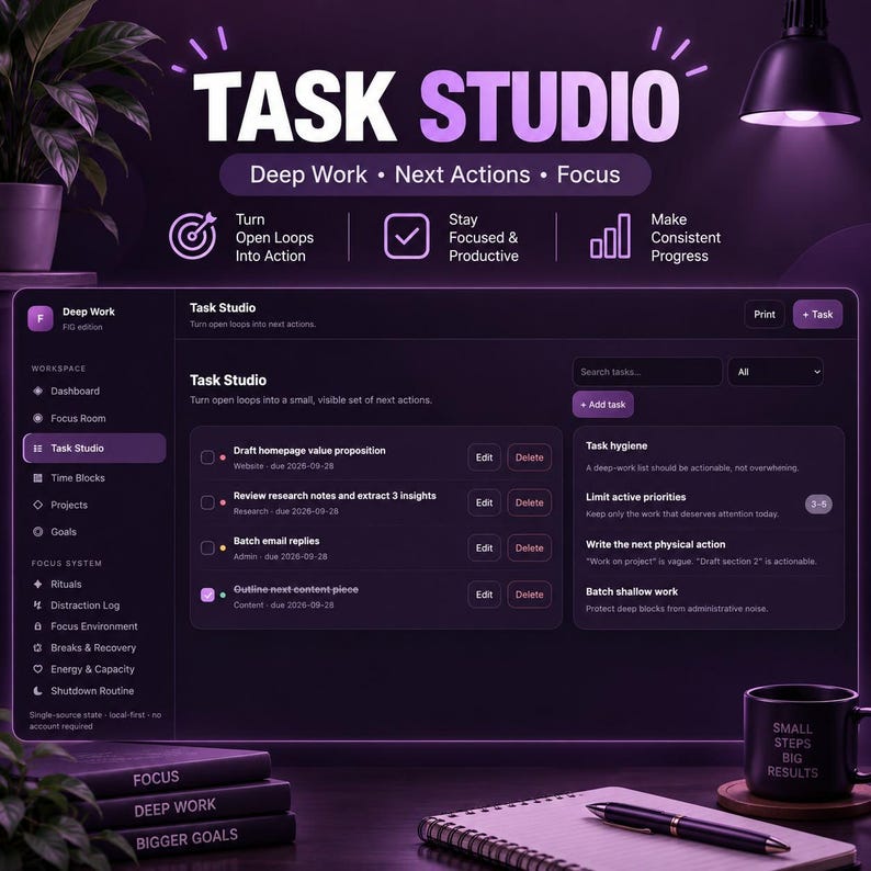 Deep Work Planner HTML | Focus Timer Dashboard, Time Blocking, Productivity Tracker, Task Manager & Goal Organizer bild 9