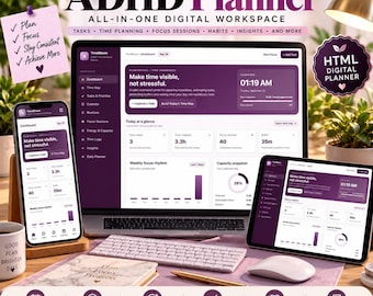 Pode incluir: Um planejador digital TDAH exibido em um laptop, tablet e smartphone. A interface apresenta um esquema de cores roxo e branco com gerenciamento de tarefas, planejamento de tempo, sessões de foco, hábitos e insights visuais. O texto inclui ADHD Planner, All-in-One Digital Workspace e HTML Digital Planner.