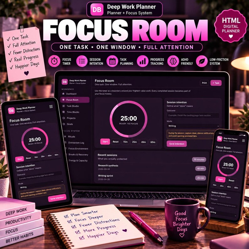 Deep Work Planner HTML | Focus Timer Dashboard, Time Blocking, Productivity Tracker, Task Manager & Goal Organizer bild 3