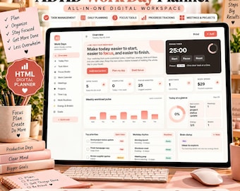 Pode incluir: Um planejador digital ADHD Work Day exibido em uma tela de computador, com gerenciamento de tarefas, ferramentas de foco e acompanhamento de progresso. A interface inclui um temporizador, gráficos de carga de trabalho e seções de planejamento diário em tons de rosa claro e branco.