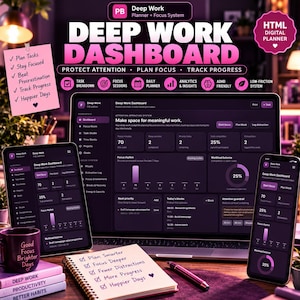 May include: A digital Deep Work Dashboard planner displayed on a laptop, tablet, and smartphone. The interface features dark purple themes with task tracking, focus metrics, and progress analytics. A physical notebook with handwritten checklists sits in the foreground.
