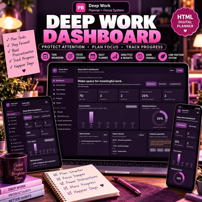 Deep Work Planner HTML | Focus Timer Dashboard, Time Blocking, Productivity Tracker, Task Manager & Goal Organizer bild 1