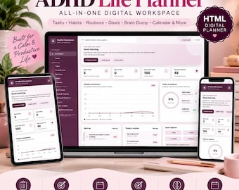 ADHD Life Management Dashboard, Digital HTML Planner in Mulberry, Tasks, Focus Timer, Habits & Routines, Neurodivergent Gift