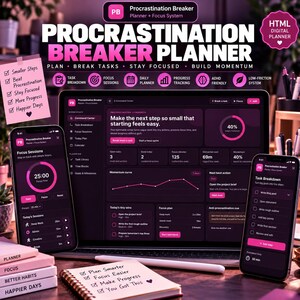 May include: A digital Procrastination Breaker planner displayed on a laptop and two smartphones. The interface features dark backgrounds with pink accents, task lists, focus timers, and progress charts. A physical notepad with handwritten notes sits in the foreground.