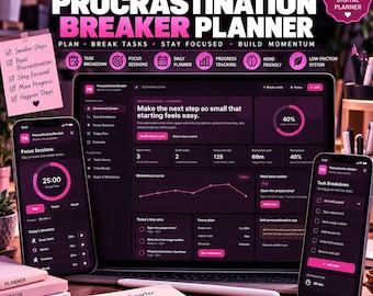 Pode incluir: Um planejador digital Procrastination Breaker exibido em um laptop e dois smartphones. A interface apresenta fundos escuros com detalhes em rosa, listas de tarefas, cronômetros de foco e gráficos de progresso. Um bloco de notas físico está em primeiro plano.