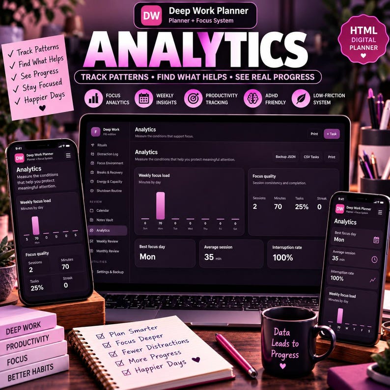 Deep Work Planner HTML | Focus Timer Dashboard, Time Blocking, Productivity Tracker, Task Manager & Goal Organizer bild 2
