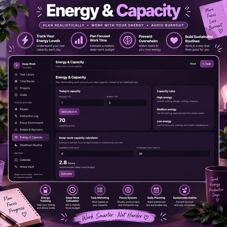 Deep Work Planner HTML | Focus Timer Dashboard, Time Blocking, Productivity Tracker, Task Manager & Goal Organizer bild 5