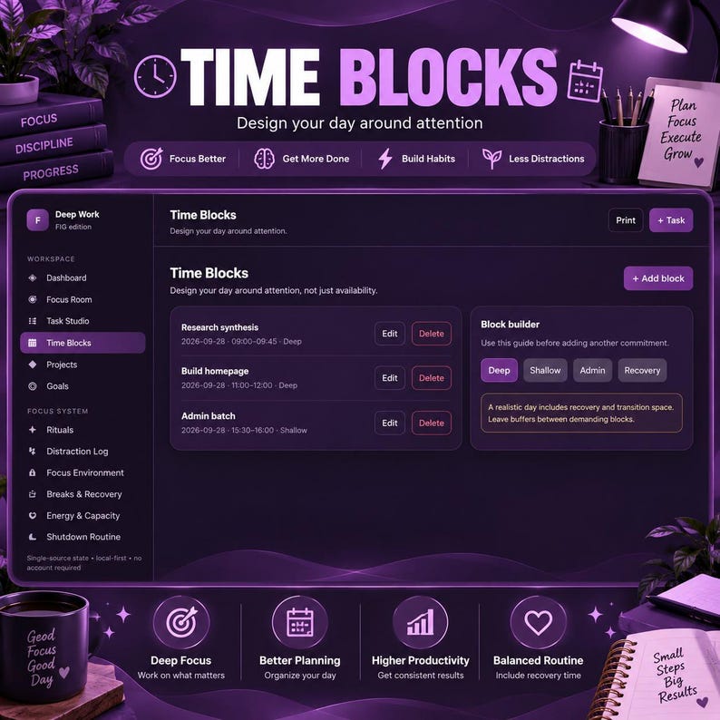Deep Work Planner HTML | Focus Timer Dashboard, Time Blocking, Productivity Tracker, Task Manager & Goal Organizer bild 10