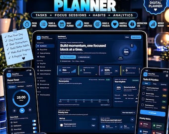 Pomodoro Planner HTML | Productivity Dashboard, Focus Timer, Task Manager, Time Blocking, Habit Tracker & Goal Planner