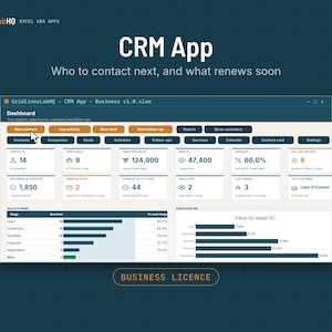 May include: A digital CRM App dashboard interface titled GridlinesLabHQ - CRM App - Business v1.0.xlsm. The screen displays data metrics, a sales funnel chart, and an open pipeline graph with navigation buttons for contacts and deals.