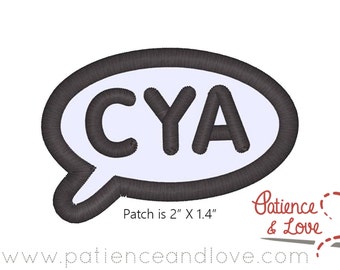 Patch, Sew-on, 2 inch by 1.4 inch rectangle, CYA, cover your assets, customizable patch, text patch, txt