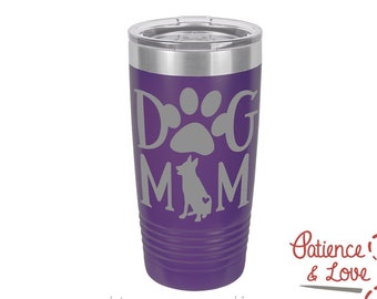 One Polar Camel 20 or 30oz insulated tumbler, Laser Engraved w/Clear Lid. Dog Mom, with German Shepherd Silhouette, vacuum insulated tumbler