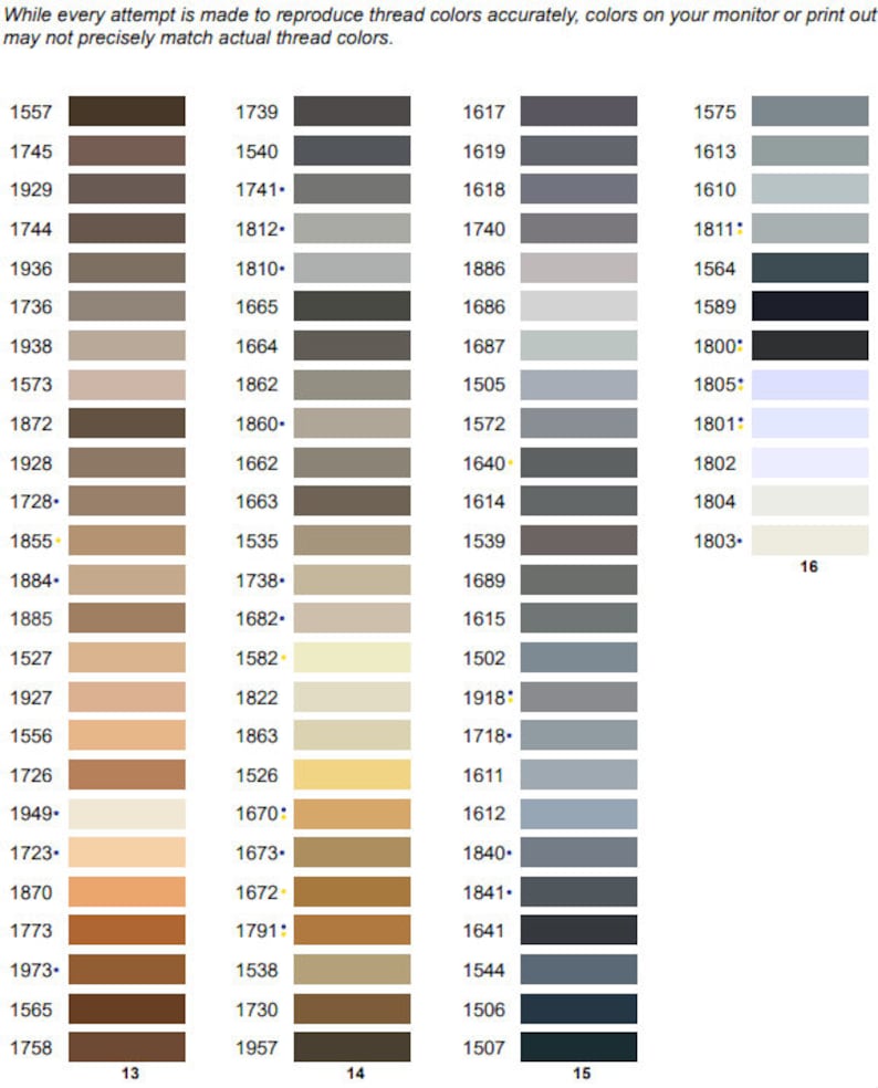 Op de afbeelding: Een kleurenkaart met 180 verschillende tinten grijs, bruin en beige. De kaart is verdeeld in drie kolommen, met in elke kolom 60 tinten. De tinten zijn genummerd van 1500 tot 1800.